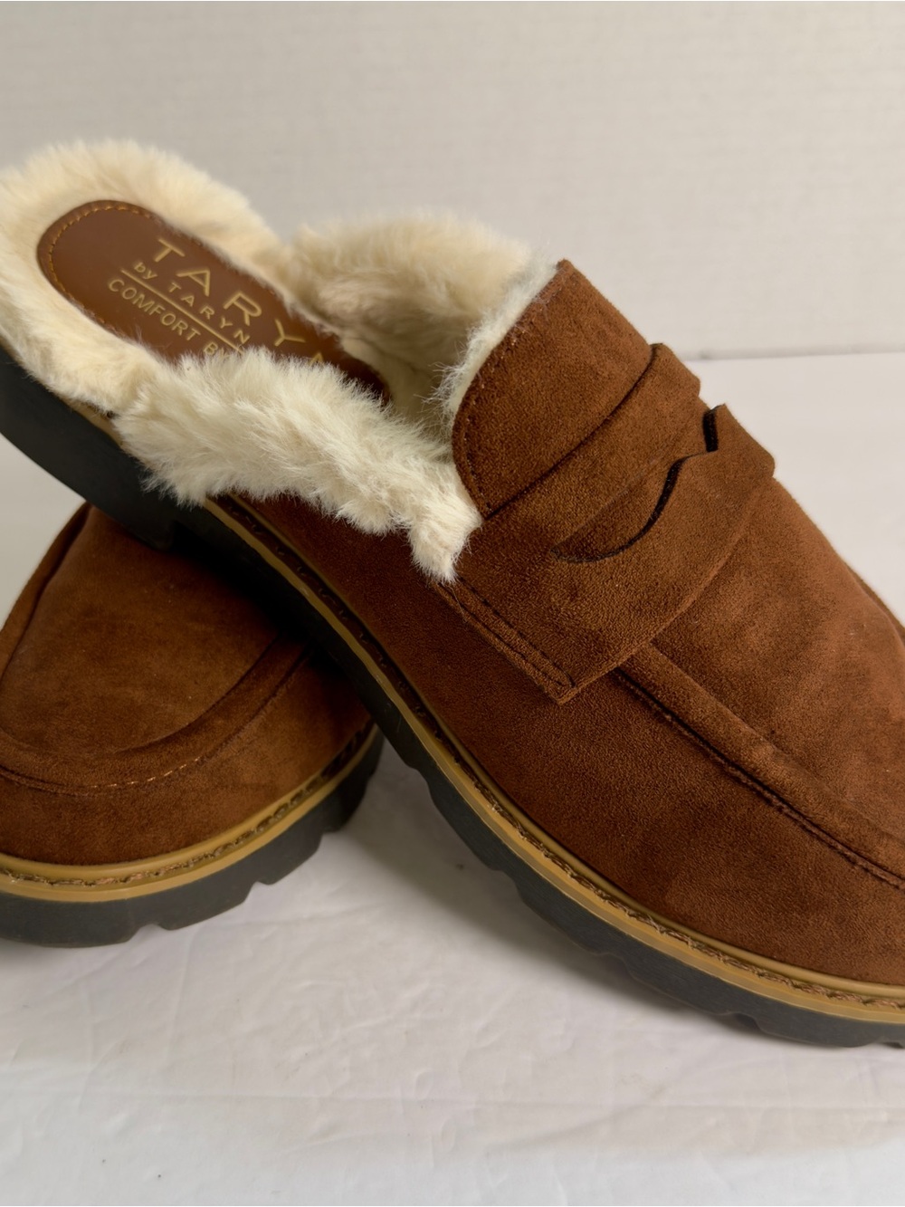 Taryn Rose Brown Suede Fur-Lined Slip-On Mule size 8.5